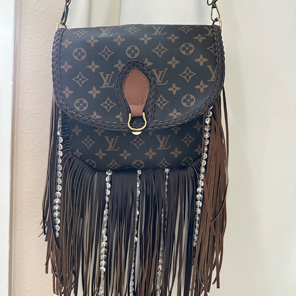 Faux LV Brown Monogram Crossbody Bag with Fringe